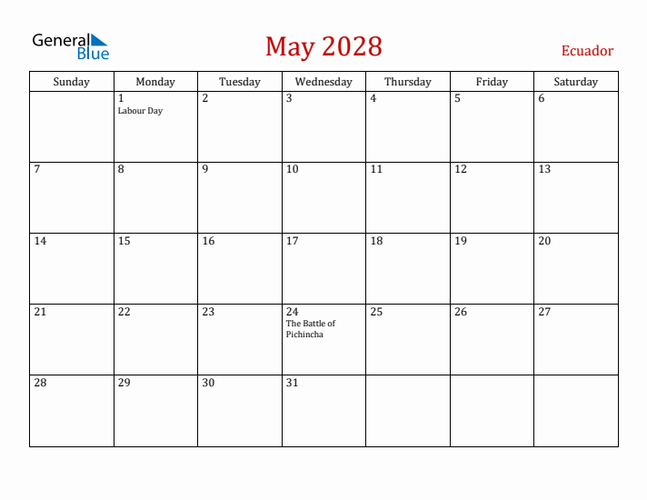 Ecuador May 2028 Calendar - Sunday Start