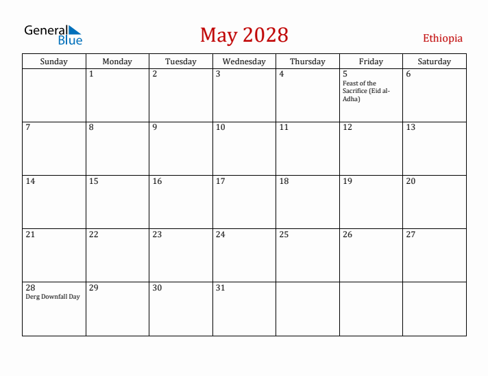 Ethiopia May 2028 Calendar - Sunday Start