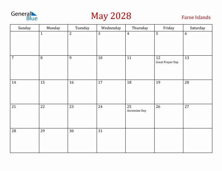 Faroe Islands May 2028 Calendar - Sunday Start