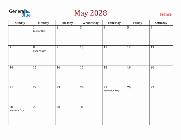 France May 2028 Calendar - Sunday Start