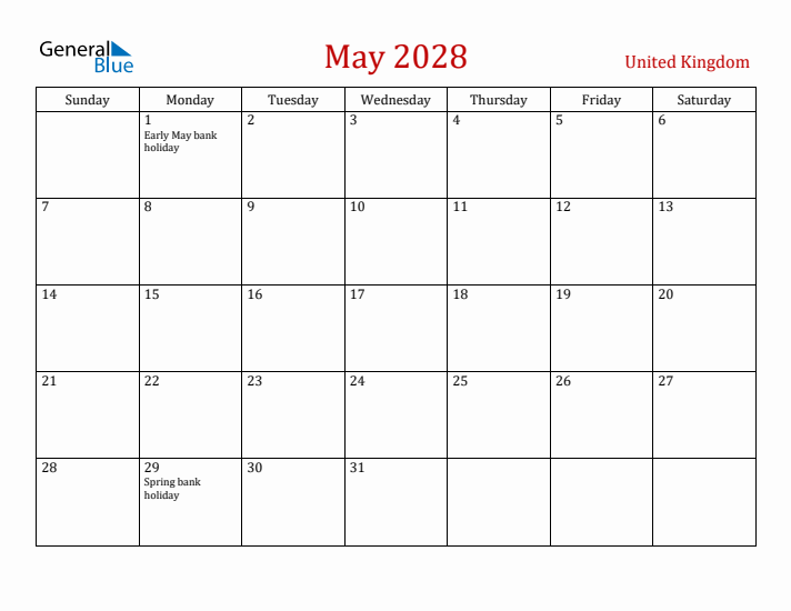 United Kingdom May 2028 Calendar - Sunday Start