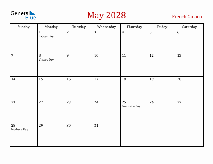 French Guiana May 2028 Calendar - Sunday Start