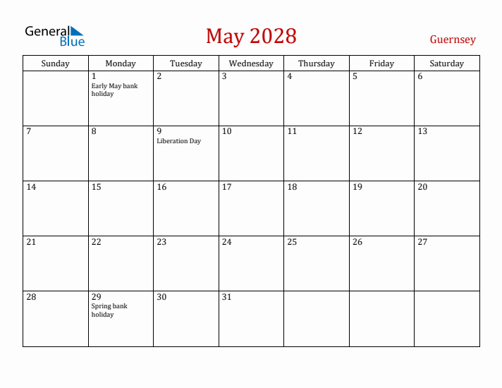 Guernsey May 2028 Calendar - Sunday Start