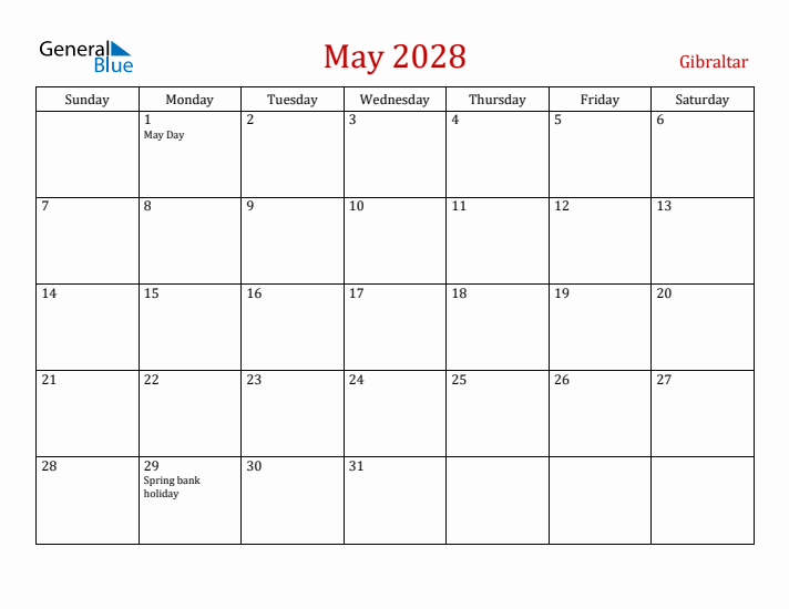 Gibraltar May 2028 Calendar - Sunday Start