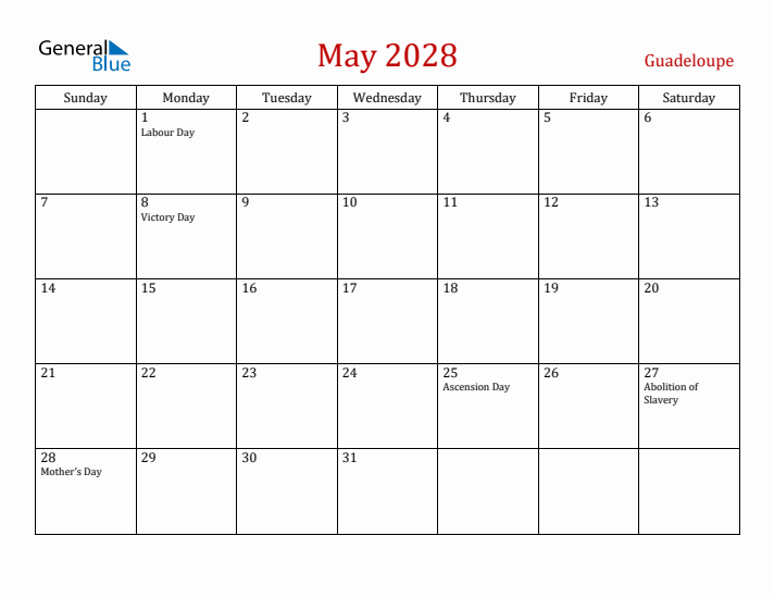 Guadeloupe May 2028 Calendar - Sunday Start