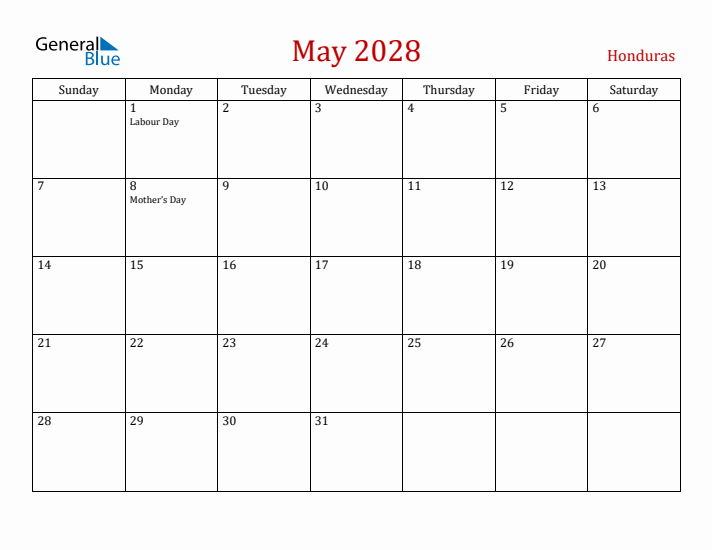 Honduras May 2028 Calendar - Sunday Start