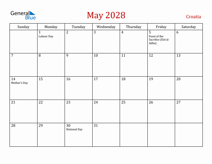 Croatia May 2028 Calendar - Sunday Start