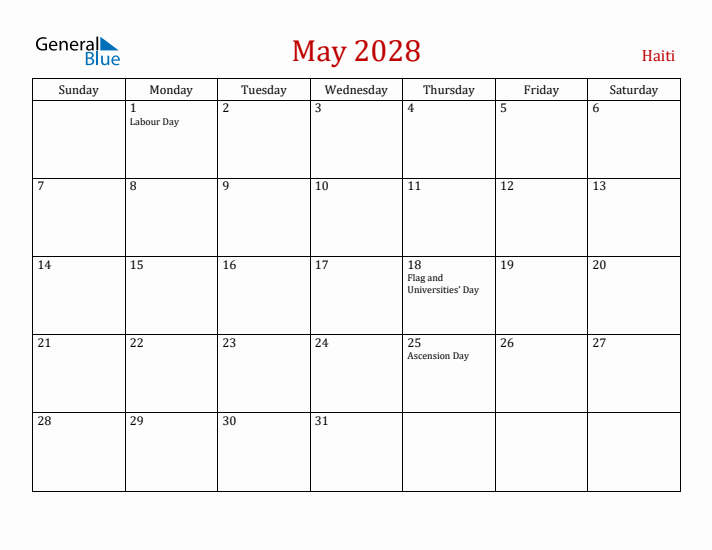 Haiti May 2028 Calendar - Sunday Start