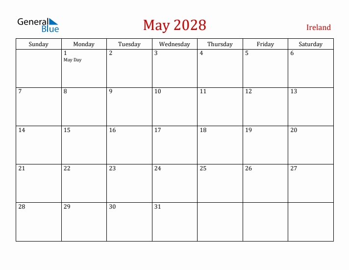 Ireland May 2028 Calendar - Sunday Start