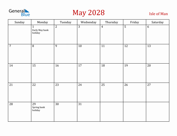 Isle of Man May 2028 Calendar - Sunday Start