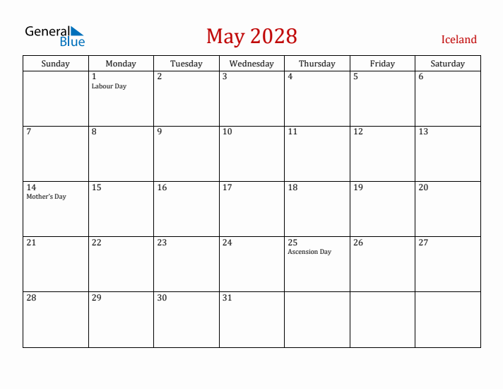 Iceland May 2028 Calendar - Sunday Start