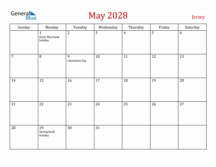 Jersey May 2028 Calendar - Sunday Start