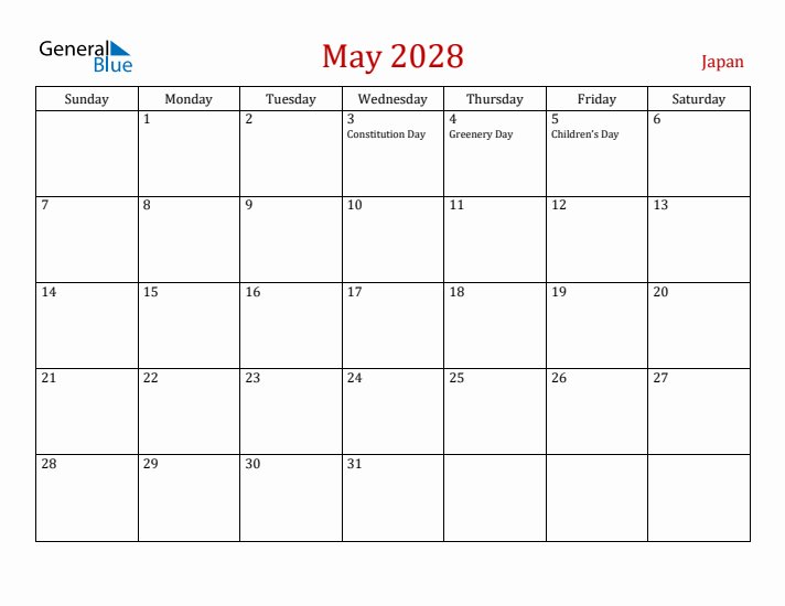 Japan May 2028 Calendar - Sunday Start