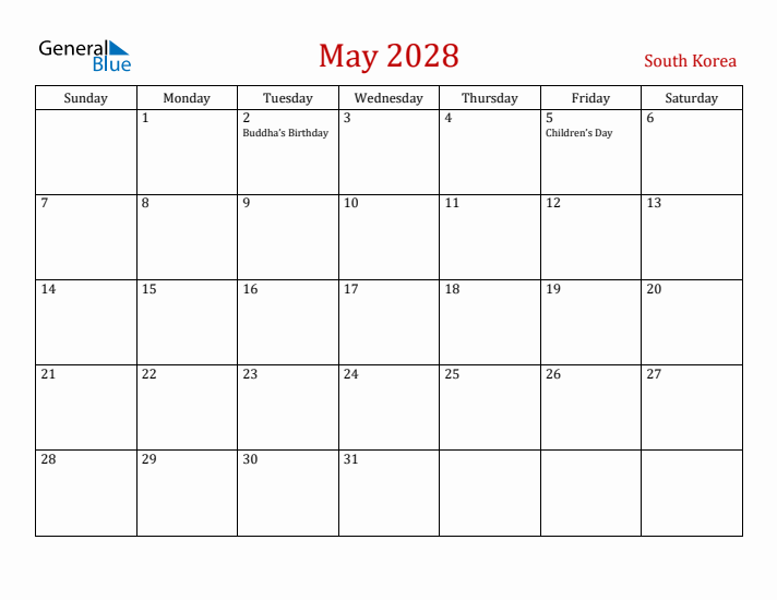South Korea May 2028 Calendar - Sunday Start