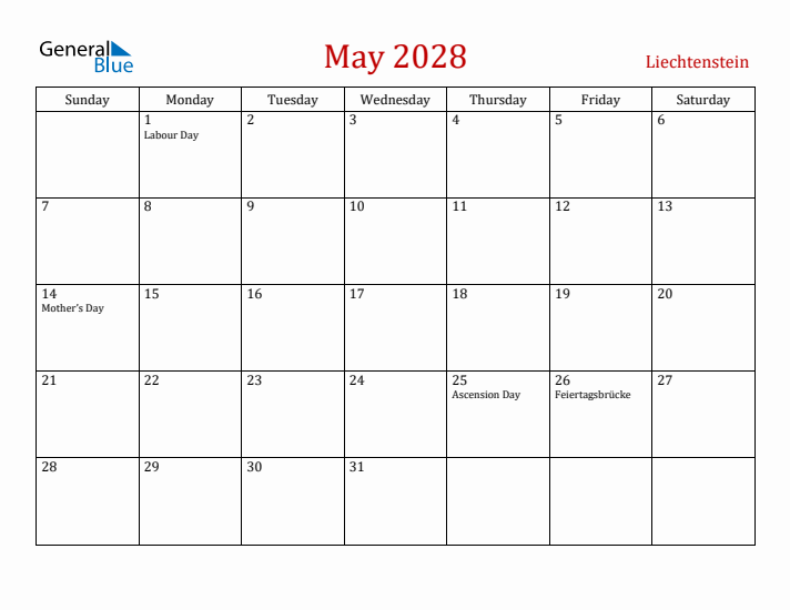 Liechtenstein May 2028 Calendar - Sunday Start