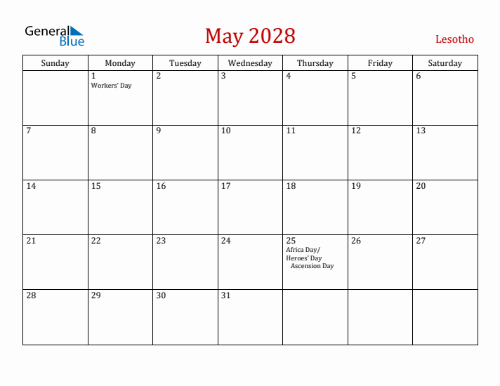 Lesotho May 2028 Calendar - Sunday Start