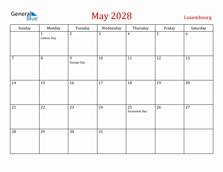 Luxembourg May 2028 Calendar - Sunday Start