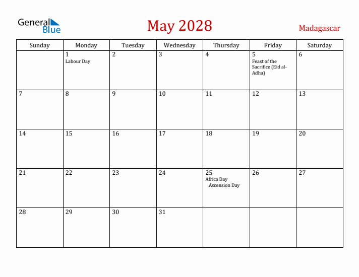 Madagascar May 2028 Calendar - Sunday Start