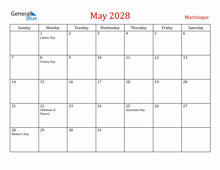 Martinique May 2028 Calendar - Sunday Start