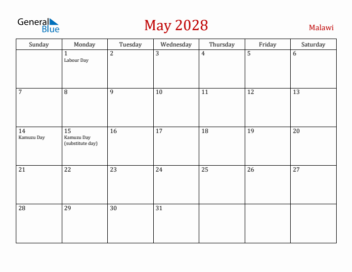 Malawi May 2028 Calendar - Sunday Start