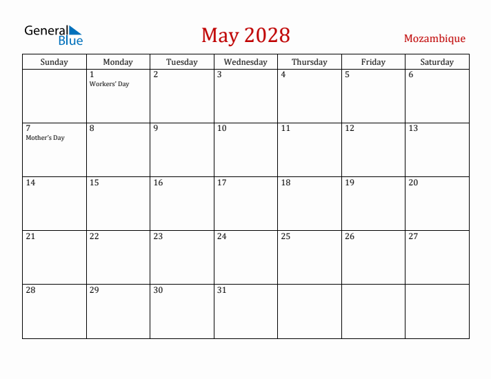 Mozambique May 2028 Calendar - Sunday Start