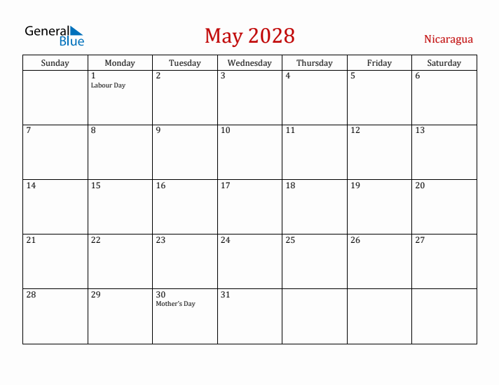 Nicaragua May 2028 Calendar - Sunday Start