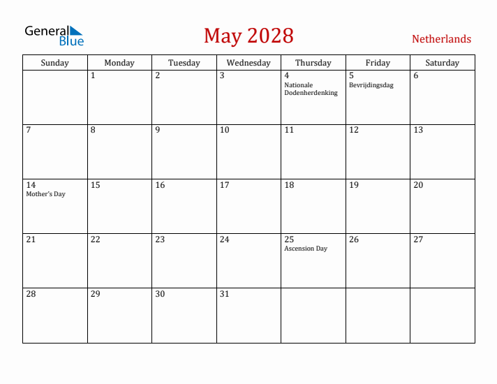 The Netherlands May 2028 Calendar - Sunday Start