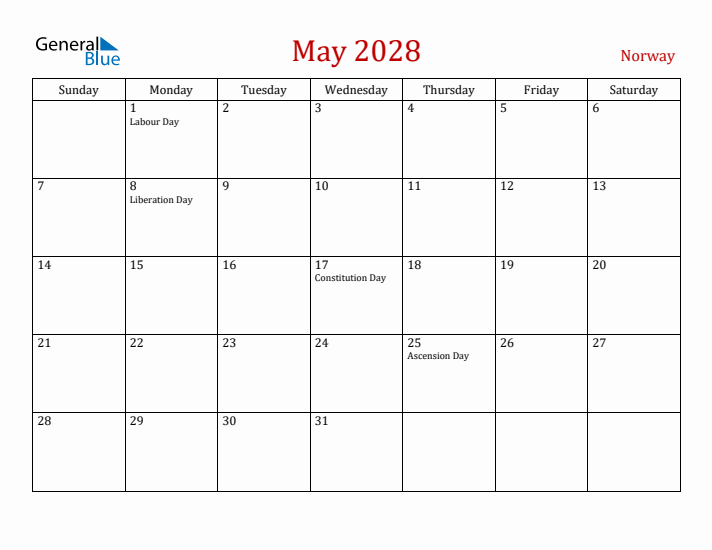 Norway May 2028 Calendar - Sunday Start