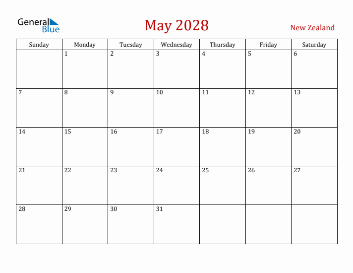 New Zealand May 2028 Calendar - Sunday Start