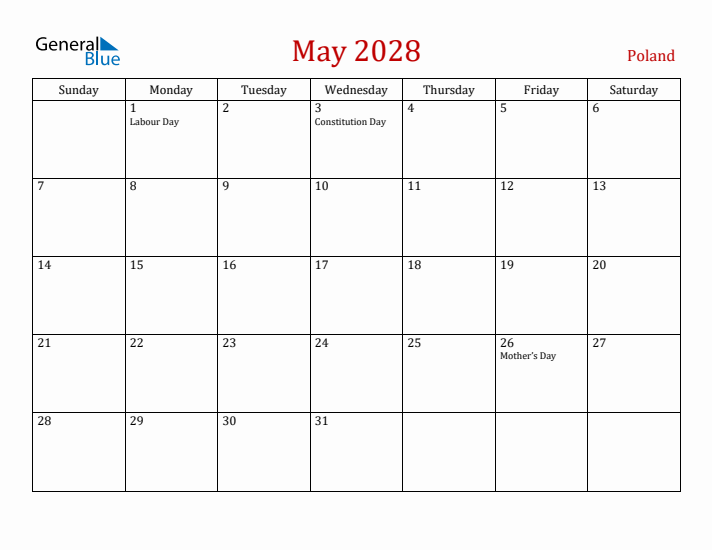 Poland May 2028 Calendar - Sunday Start