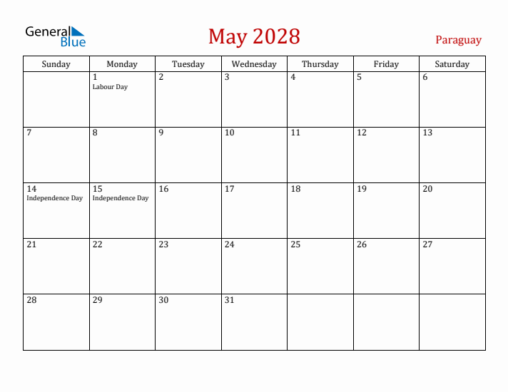 Paraguay May 2028 Calendar - Sunday Start