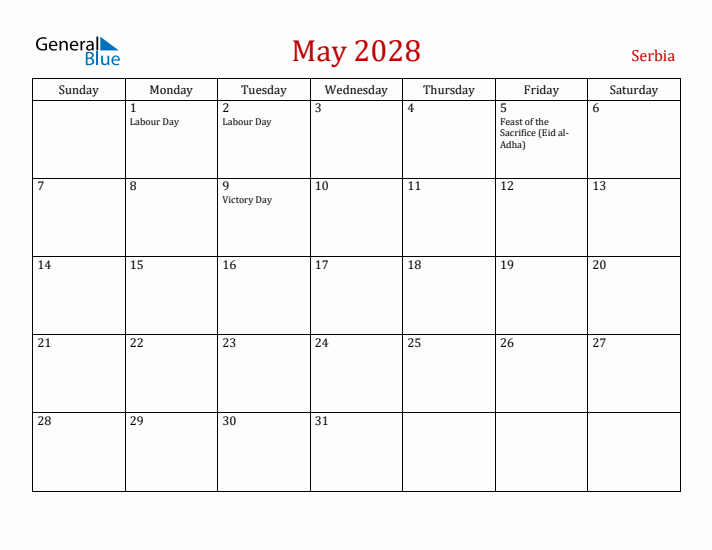 Serbia May 2028 Calendar - Sunday Start