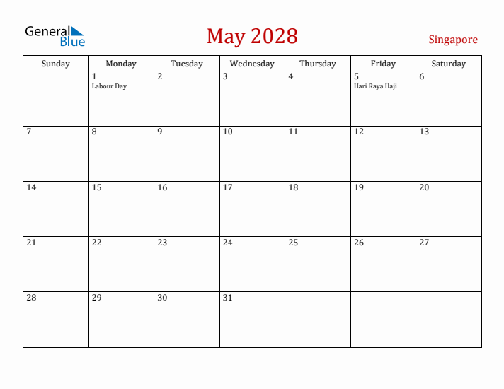 Singapore May 2028 Calendar - Sunday Start