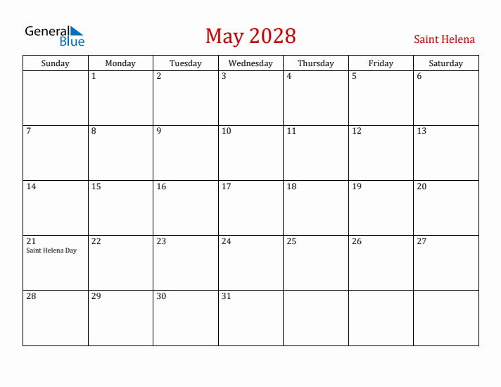 Saint Helena May 2028 Calendar - Sunday Start