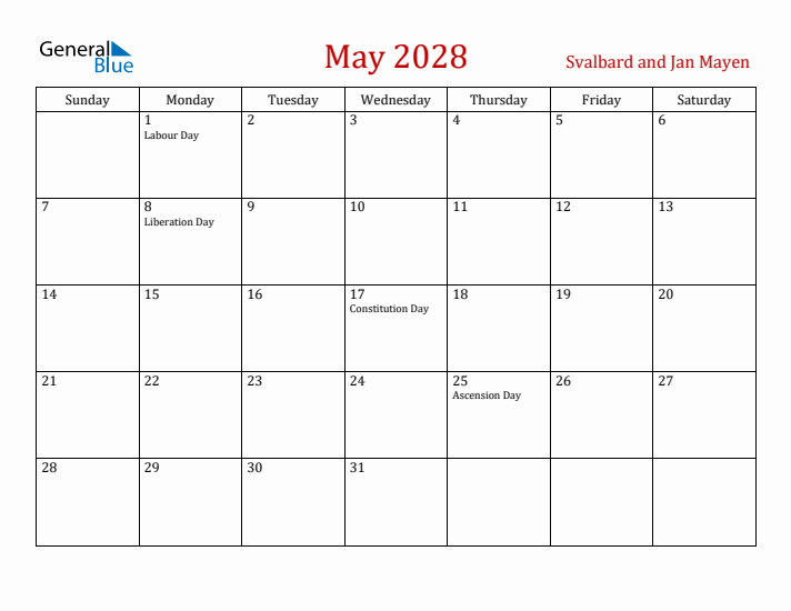 Svalbard and Jan Mayen May 2028 Calendar - Sunday Start