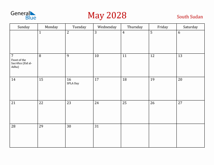 South Sudan May 2028 Calendar - Sunday Start