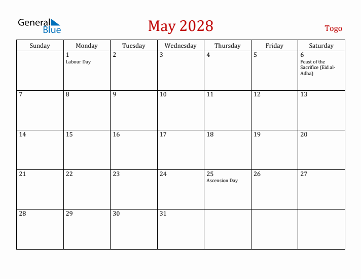 Togo May 2028 Calendar - Sunday Start