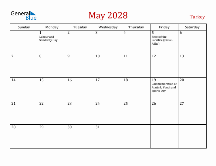 Turkey May 2028 Calendar - Sunday Start