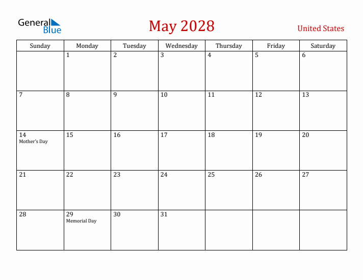 United States May 2028 Calendar - Sunday Start
