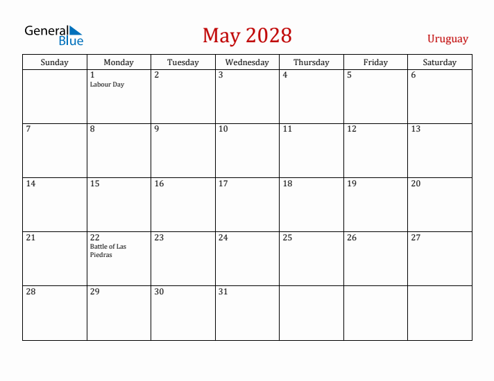 Uruguay May 2028 Calendar - Sunday Start