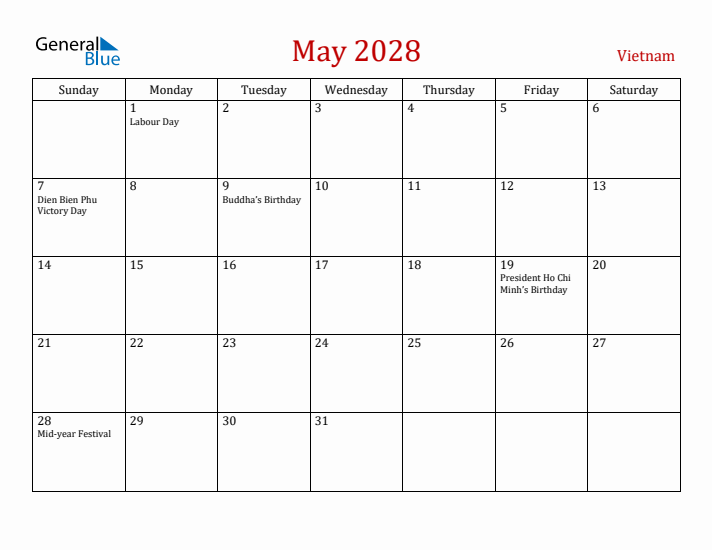 Vietnam May 2028 Calendar - Sunday Start