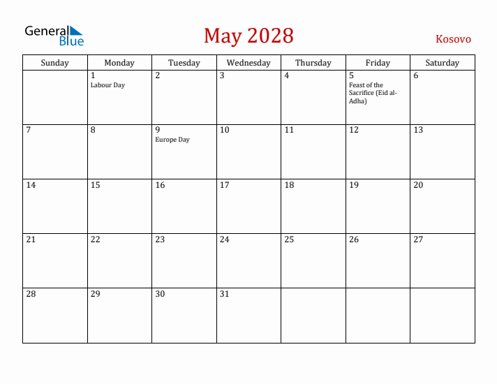 Kosovo May 2028 Calendar - Sunday Start