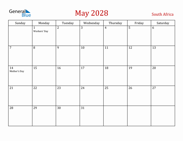 South Africa May 2028 Calendar - Sunday Start