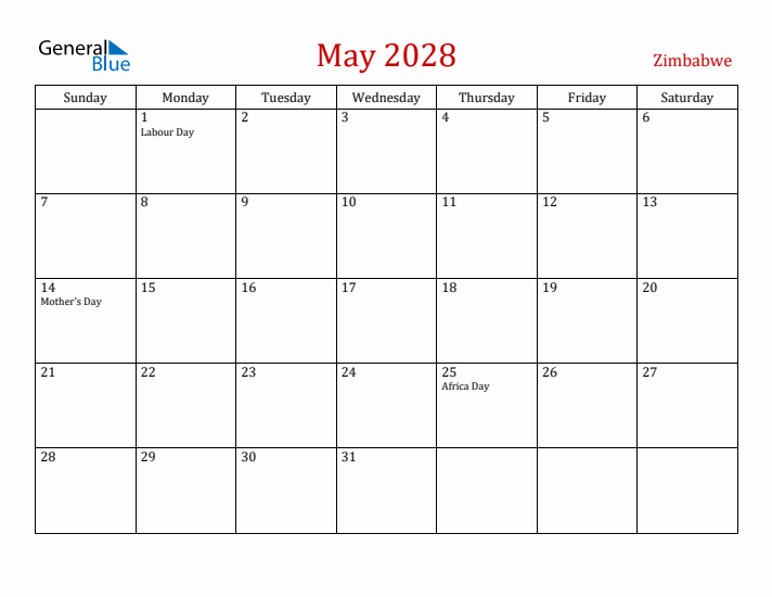 Zimbabwe May 2028 Calendar - Sunday Start