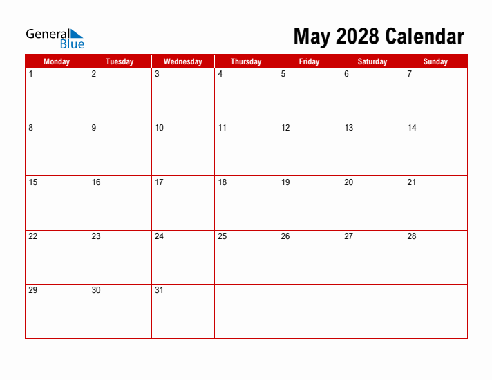 Simple Monthly Calendar - May 2028