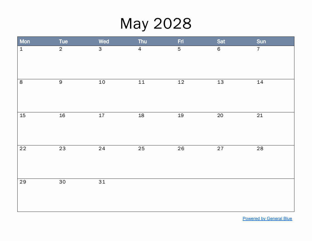 Monthly Calendar Template for May 2028