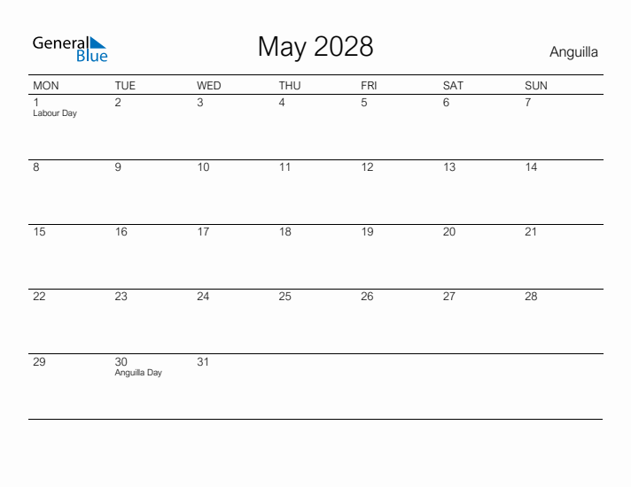 Printable May 2028 Calendar for Anguilla