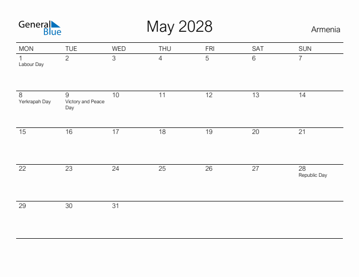 Printable May 2028 Calendar for Armenia