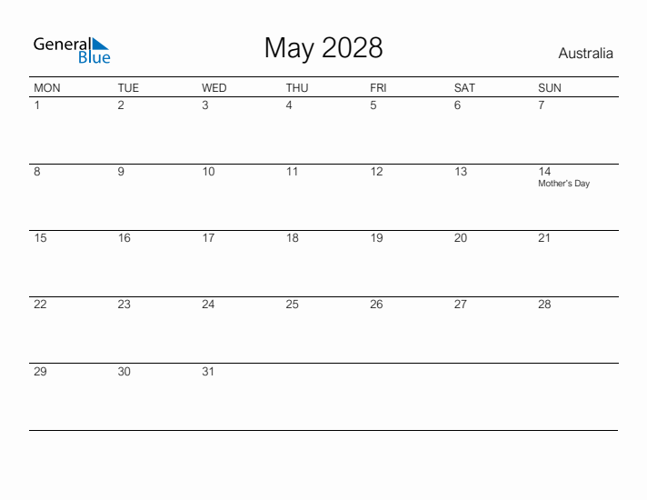 Printable May 2028 Calendar for Australia