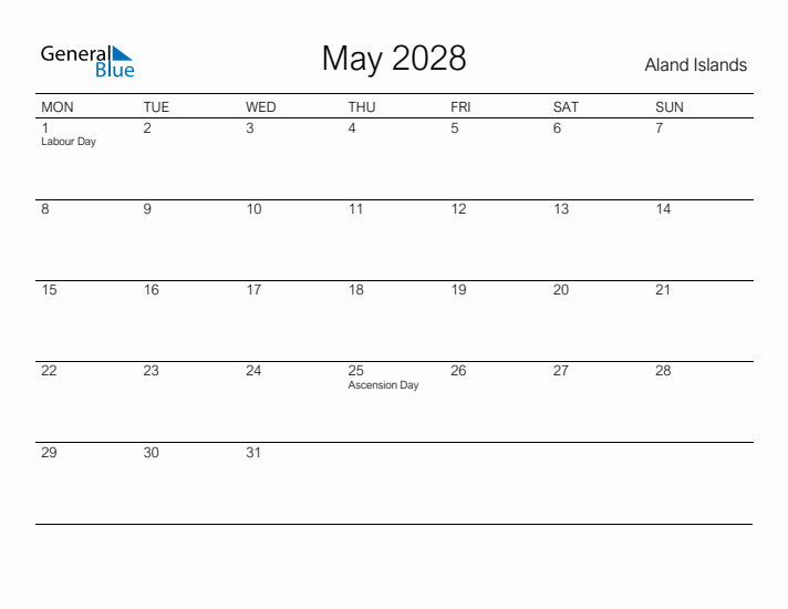 Printable May 2028 Calendar for Aland Islands